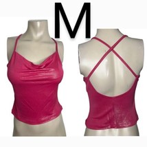 Hot Pink Metallic Open Back Cami Crisscross Straps Stretchy Crop Top~Size M - £19.25 GBP