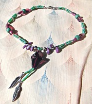 Vintage Glass Bead Necklace with Purple Glass Pendant &amp; Metal Feathers 1... - £7.82 GBP