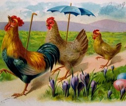 Easter Postcard Anthropomorphic Hens Rooster Marching Umbrella Tucks Series 111 - £25.04 GBP