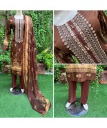 Pakistani Brown Printed Straight Shirt 3-PCS Lawn Suit w/ Threadwork ,L#1 - $909.57 MXN
