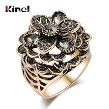 Luxury Gray Crystal Flower Ring For Women Antique Gold Color Vintage Jewelry Par - £6.13 GBP