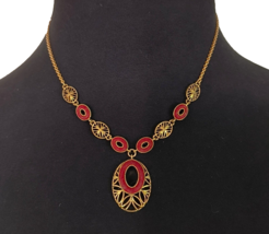 Women&#39;s Necklace Ruby Red and Gold Tone 1&quot; Pendant Adjustable Length Chain 18&quot; - £9.55 GBP