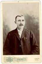 Circa 1890&#39;S Cabinet Card Handsome Man With Great Mustache Suit Young Lisbon Oh - £9.58 GBP