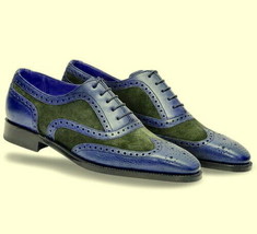 Men&#39;s Oxford Green Suede Blue Genuine Leather Wing Tip Brogue Toe Laceup Shoes - £120.47 GBP+