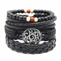 SET OF 4 BRACELETS 4pcs Braclet Black Wood Bead Leather Braided Adjustable Cord - £5.23 GBP