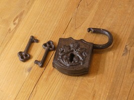 Cast Iron Lock And Key Set Large Antique Vintage Look Finish Prop Skeleton Key - £20.09 GBP