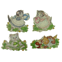 4 Vintage 1984 Kitty Cucumber Kitties Playing Ball Gift Tag Ornament Merrimack - £11.88 GBP