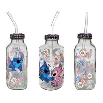 Stitch Floral Clear Glass Bottle Cup 16oz Blue Pink Design Glass Straw - £12.56 GBP