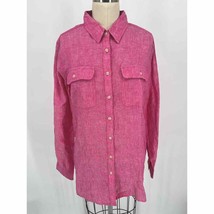 Lands&#39; End Button Up Shirt Sz M Pink 100% Linen Long Roll Tab Sleeve Top... - £20.32 GBP