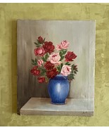 1930s French oil painting on canvas. Vase of pink and red roses. - €306,13 EUR