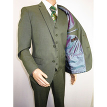 Men's VITALI Three Piece Suit Vested Sharkskin Sheen Vented M3090 Olive Green image 7