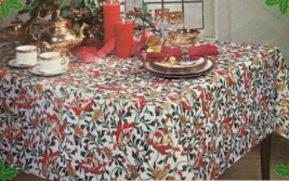 Christmas Holiday Tablecloth 60&quot; x 84&quot; Holly Ribbon Gold Horns Pine Cones - $24.99