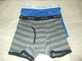 Boy&#39;s Fruit of the Loom Gray Striped &amp; Hanes Bright Blue Boxer Briefs - Size XL - £7.41 GBP
