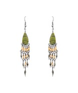 Teardrop Gemstone Cabochon Long Wooden Bamboo Metal Dangle Earrings - Wo... - $324.10 MXN