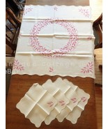 antique LINEN TABLE CLOTH 42x42 with 4 NAPKINS red embroidery cross stit... - £65.40 GBP