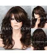 Brown Light Auburn Mix Wavy Wig Off Center parting Full Bangs Open Curls... - $79.95