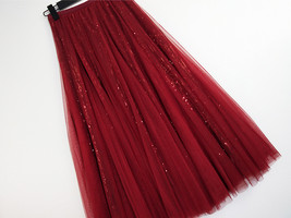 Wine Red Midi Tulle Sequin Skirt Women High Waisted Holiday Tulle Skirt Outfit image 12