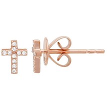 Small Diamond Cross Stud Earrings 14K Pink Rose Gold .08 CTW - £387.65 GBP