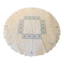 Round Cross Stitch Floral White Blue Vintage Round Tablecloth 57.5” for ... - $56.09