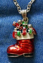 Festive Silver-tone Enamel Christmas Santa Boot Pendant Necklace 1970s vintage - £10.37 GBP