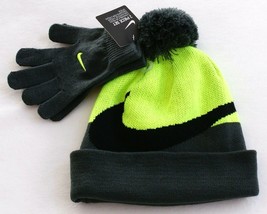 Nike Volt &amp; Gray Knit Cuff Pom Beanie &amp; Stretch Gloves Youth Boy&#39;s 8-20 NWT - £23.38 GBP