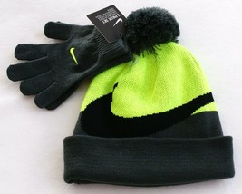 Nike Volt &amp; Gray Knit Cuff Pom Beanie &amp; Stretch Gloves Youth Boy&#39;s 8-20 NWT - $29.69