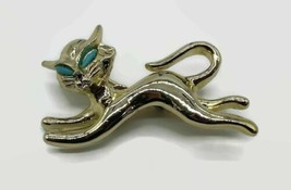 Retro Style Gold Tone Running Cat w, Turquoise Colored Eyes Brooch Pin - £15.86 GBP
