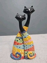 Pair Mid Century Cat Figurines Resin Multi Color Mosaic Design - $24.18