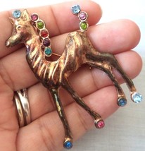 PONY HORSE signed STERLING Silver Vermeil Rhinestone BROOCH Pin - 2 5/8 ... - $48.00