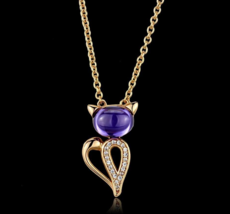 Rose Gold Plated CZ Amethyst Cat Shape Pendant Necklace Women&#39;s Jewelry Gift 16&quot; - £73.63 GBP