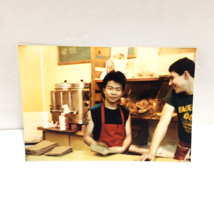 2 Guys Gaze Smiling Fun 1980s Gay Int Vintage Color Photo At Work Bagel ... - $31.30