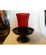 Red Glass &amp; Black Metal Stand for Pillar Candle 10.75&quot; Tall x 9&quot; diameter - £44.34 GBP