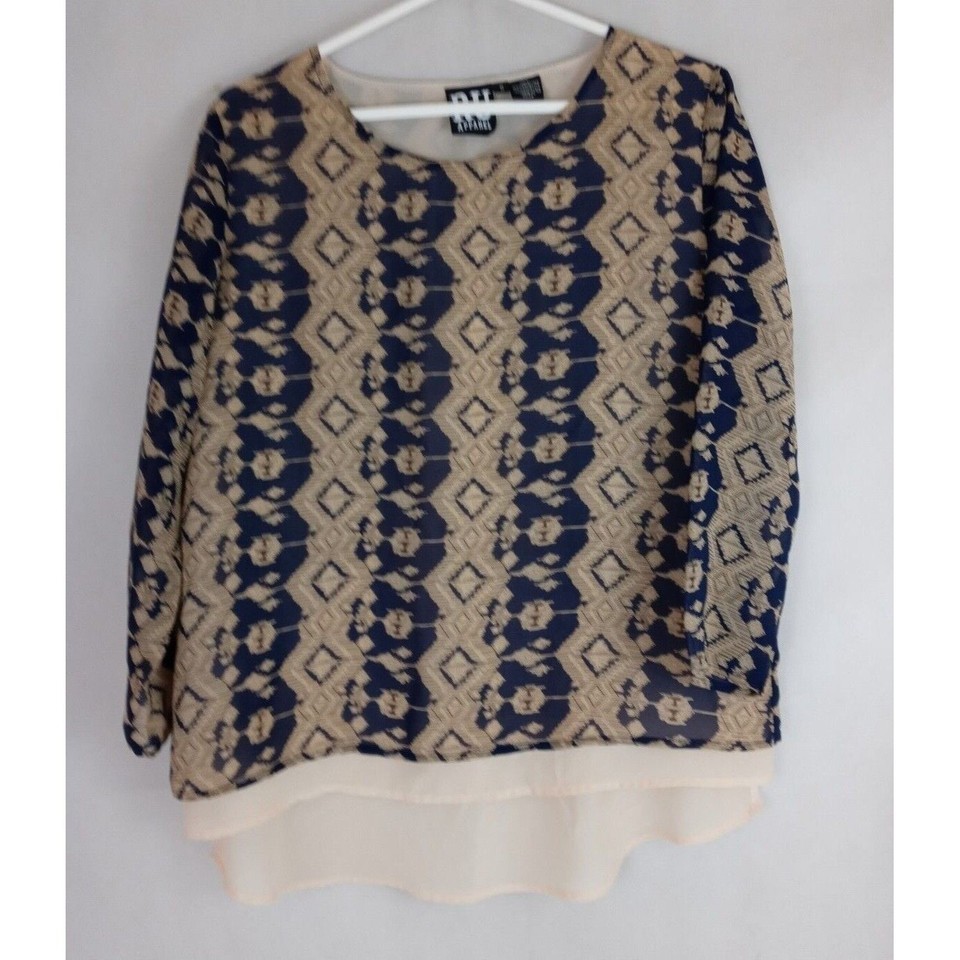 RU Apparel Women&#39;s Blue &amp; Tan Lined Sheer Blouse Size Small - $12.86