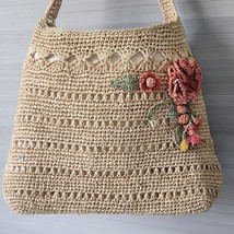 Flora Bella Womens Medium Floral Crochet Knit Beige Bag Strap Shoulder Bag - £33.03 GBP