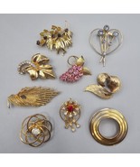 Lot Vintage Brooch Pins (9) Gold Tone Rhinestone Crystal Grape Leaf Floral - $108.51 CAD