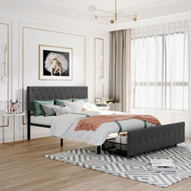 Queen Size Storage Bed Metal Platform Bed with a Big Drawer - Gray - $240.37
