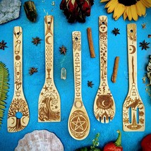 5 Large Witchy bamBoo Spoons for Halloween, Laser Engraved Wooden Spatulas - £26.41 GBP