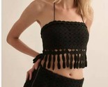 Promesa Crotchet Knit Fringe Tube Halter Top Black - $32.00