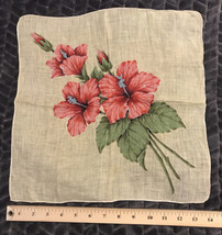 Vintage Handkerchief Red Hibiscus Flowers on Yellow Hanky 14 1/2&quot; Sq. Cotton  - £11.15 GBP