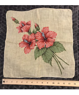 Vintage Handkerchief Red Hibiscus Flowers on Yellow Hanky 14 1/2&quot; Sq. Co... - $14.18