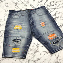 Men’s Fashion Dark Blue Wash Yellow Orange Denim Shorts - £46.41 GBP
