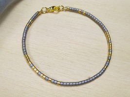 Grey miyuki gold beaded bracelet for women,layering minimalist gold plated beads - £18.81 GBP