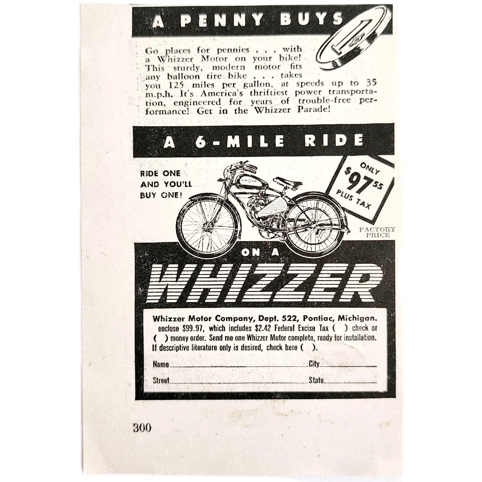 1948 Whizzer Motorcycle Bike Advertisement Portable Transportation Vinta... - $19.99
