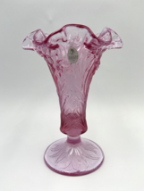 Vintage Fenton Bright Rose Pink Daffodil Glass  Ruffled Daffodil Footed Vase - £30.19 GBP