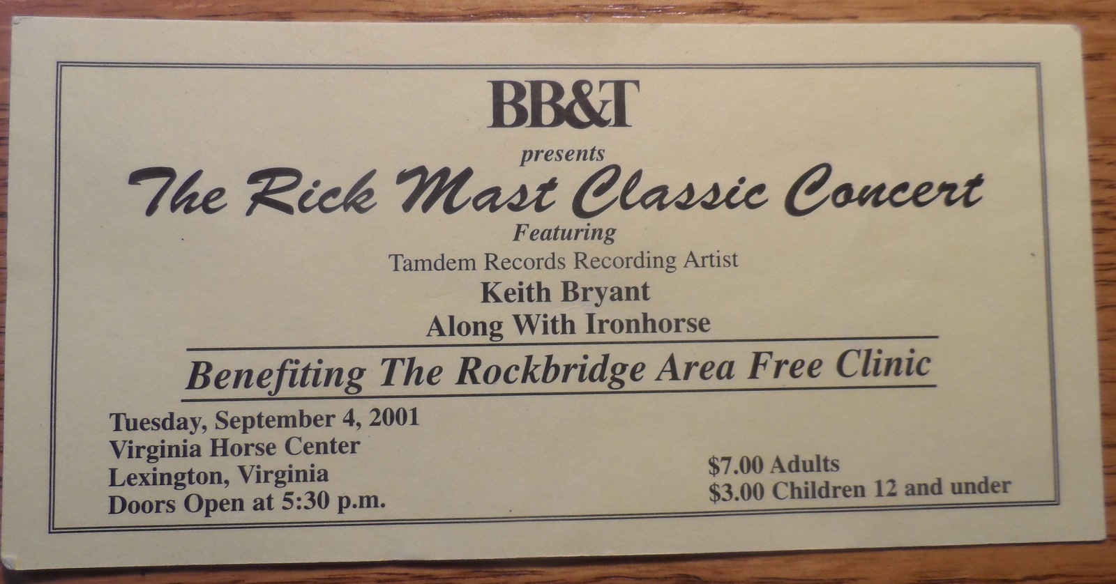 Keith Bryant Ironhorse BB&amp;T 2001 Ticket Stub Lexington Virginia Rick Mas... - $7.50