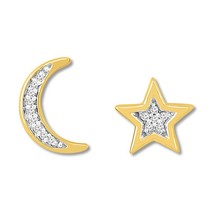 1/10Ct CZ 14K Yellow Gold Plated Star &amp; Moon Mismatched Stud Earrings Christmas - £65.37 GBP