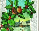 A Merry Christmas Sparrows Holly Branch Cabin Scene Embossed Silver UNP ... - $8.86