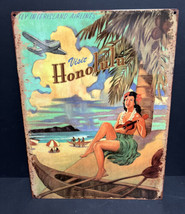 Inter Island Airways Visit Honolulu Hawaii Sign Metal Steel Aloha Hula Girl - £43.85 GBP
