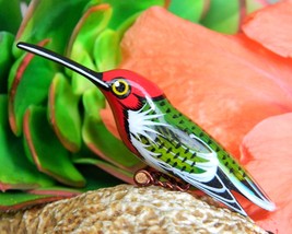 Vintage wood carved bird hummingbird brooch pin hand painted wire legs thumb200