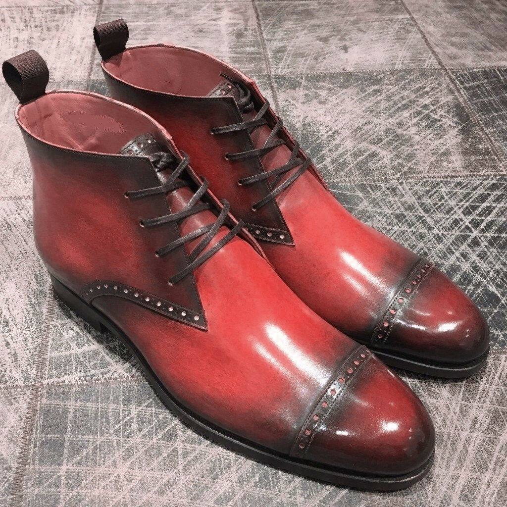 Hand Made Peach High Ankle Men Burnished Cap Toe Derby Leather Boots BUS 7-16